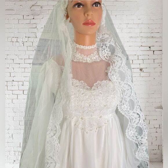 Vntg. Alfred Angelo Chiffon Wedding Dress High Neck Long Sleeves Bridal Gown - Picture 2 of 16